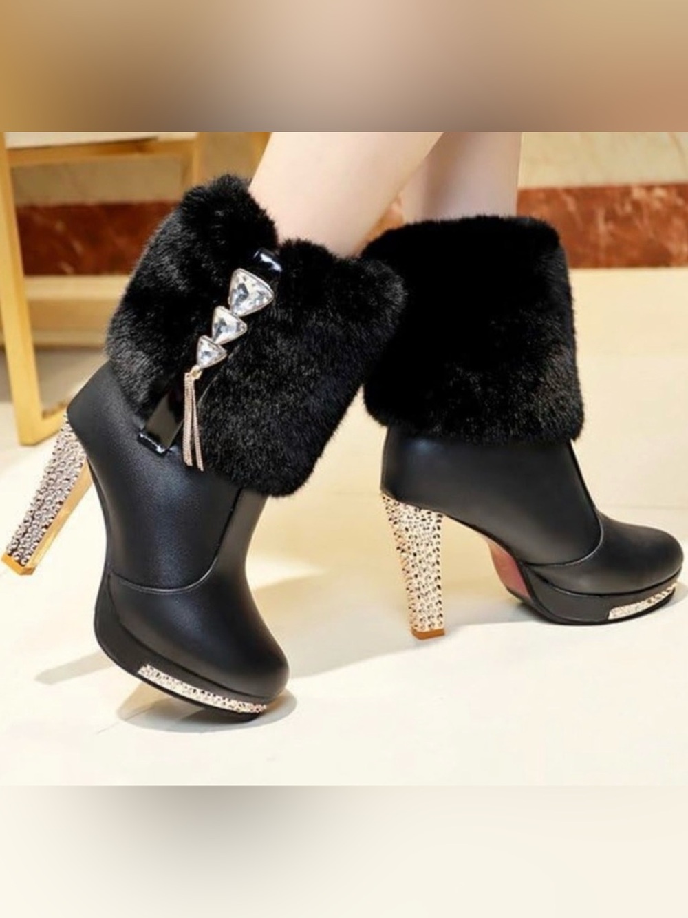 NWT- Black and Gold  Fur-Trimmed Platform Ankle Boots w/gemstones